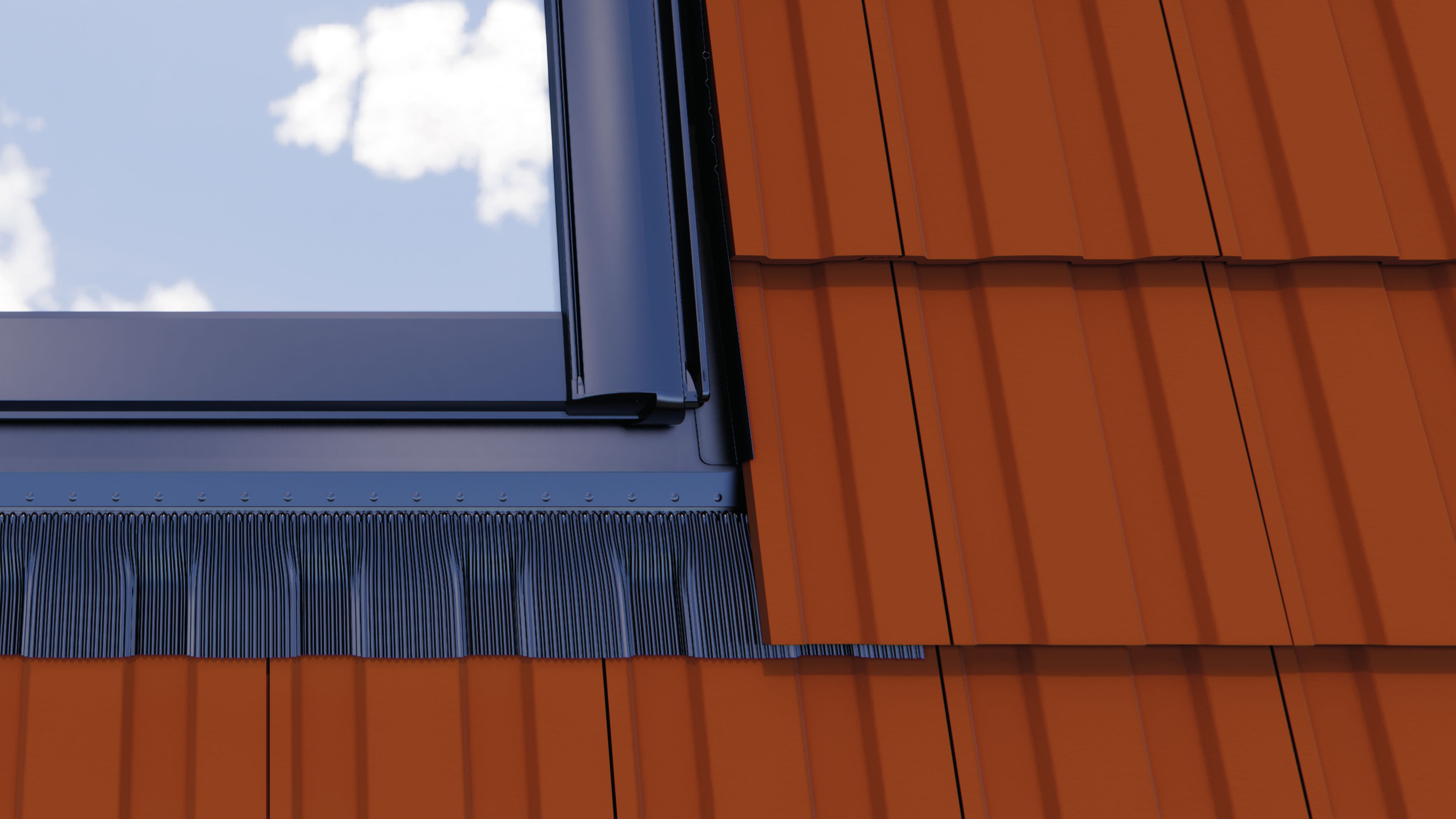 orange siding, Verkleidung, Metallrippen, Dachrand, verkleidete Außenfläche
